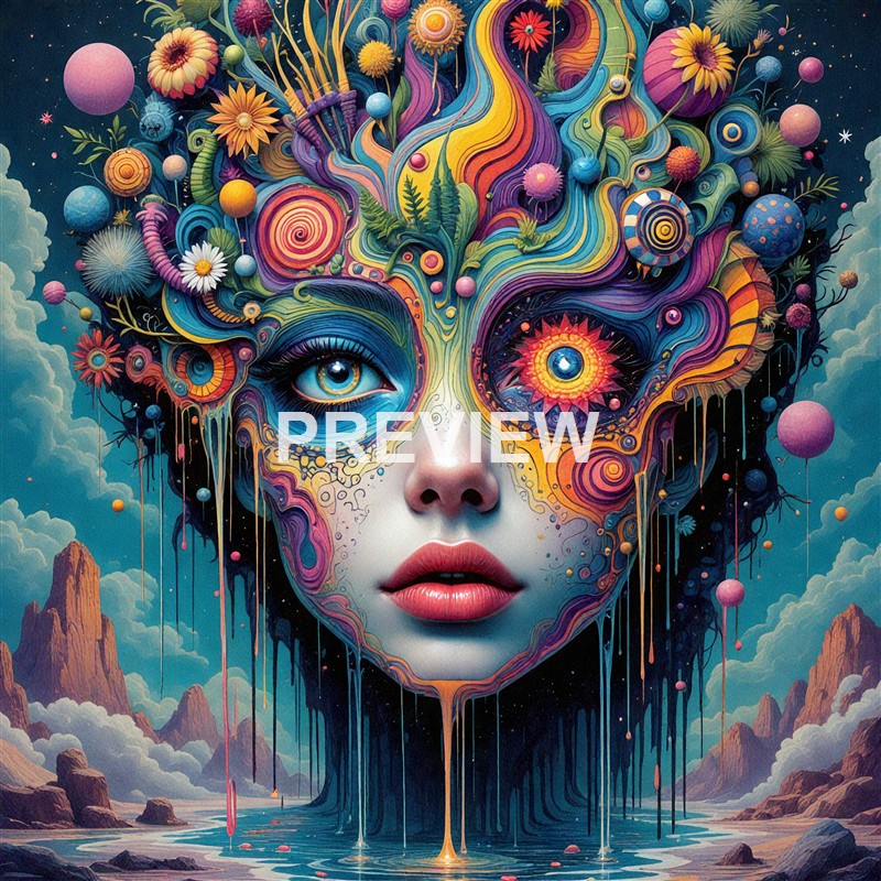 A surreal, colorful digital artwork depicting a woman's face with one eye open and one eye closed, integrated into an abstract, vibrant composition of swirling patterns, flowers, and planetary elements, set against a mountainous landscape with a body of water.